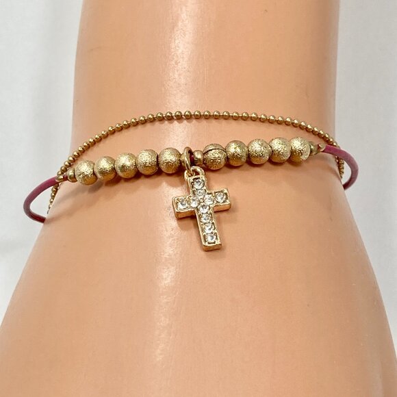 Gold Crytal Cross Charm Bracelet Plated Adjustable Plated 7-9" Chain Cord Dainty - Picture 4 of 13